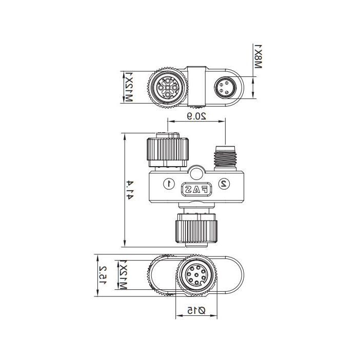 M12 8Pin母/M12 4Pin母d编码+M8 4Pin公，y型连接器，648D41