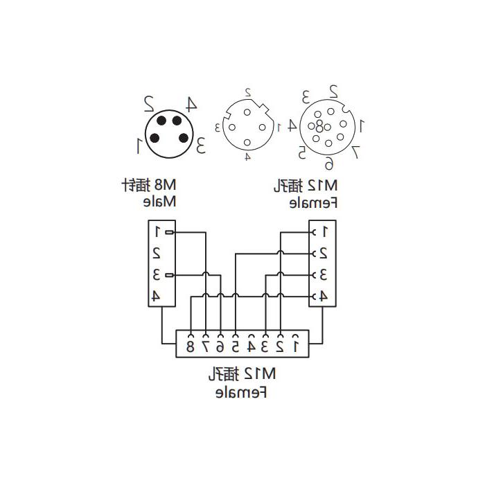 M12 8Pin母/M12 4Pin母d编码+M8 4Pin公，y型连接器，648D41